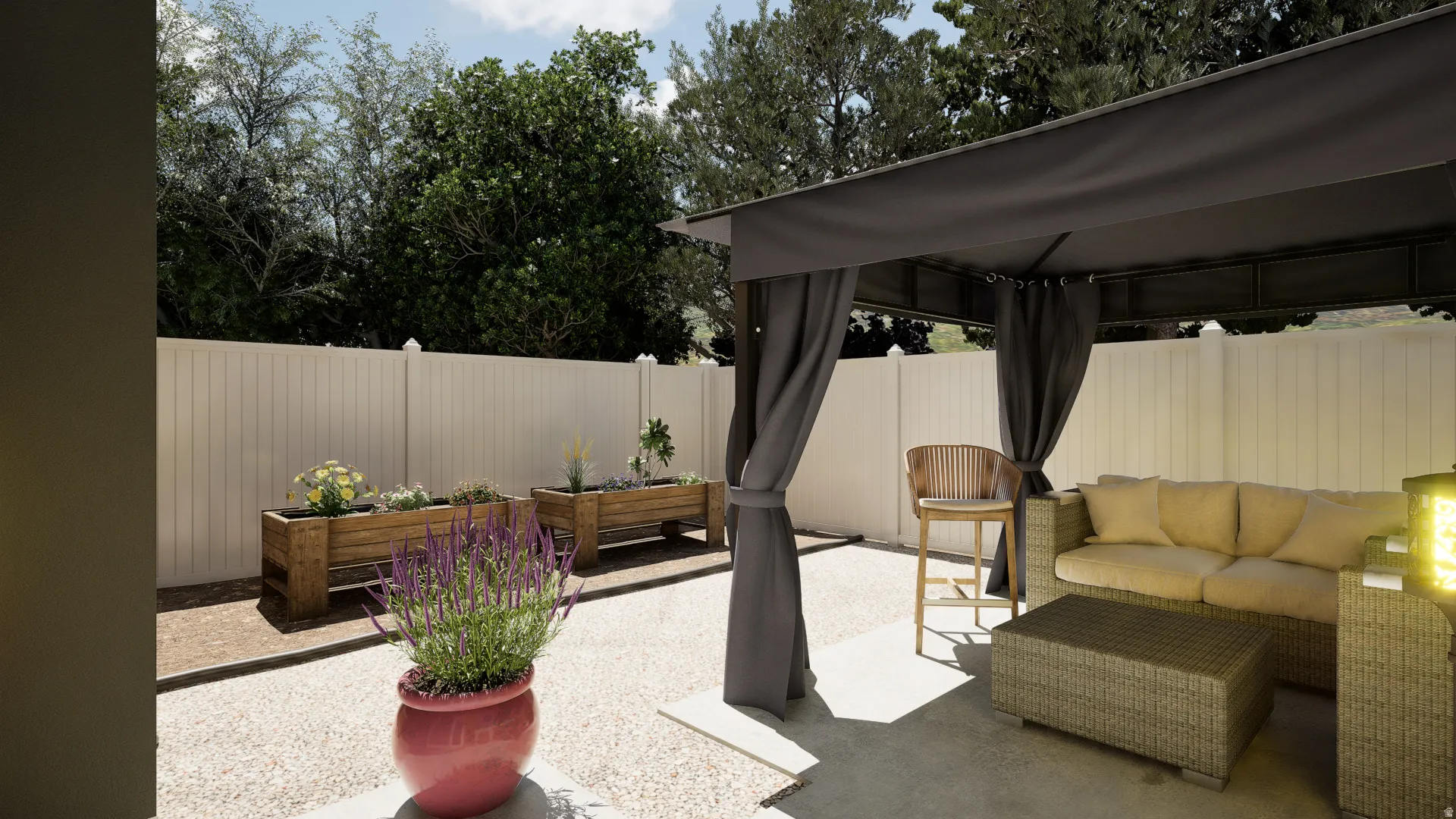 Fenced backyard featuring outdoor lounge area, a patio area, and a gazebo
