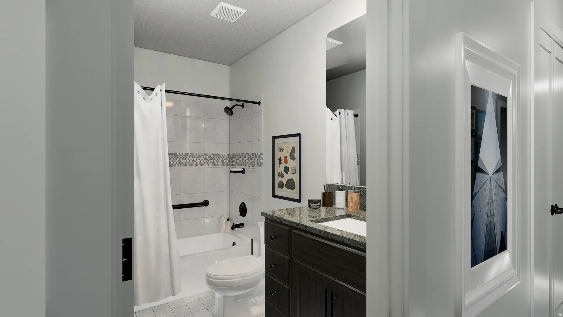 Bathroom with vanity, shower / tub combo with curtain, and light tile patterned floors