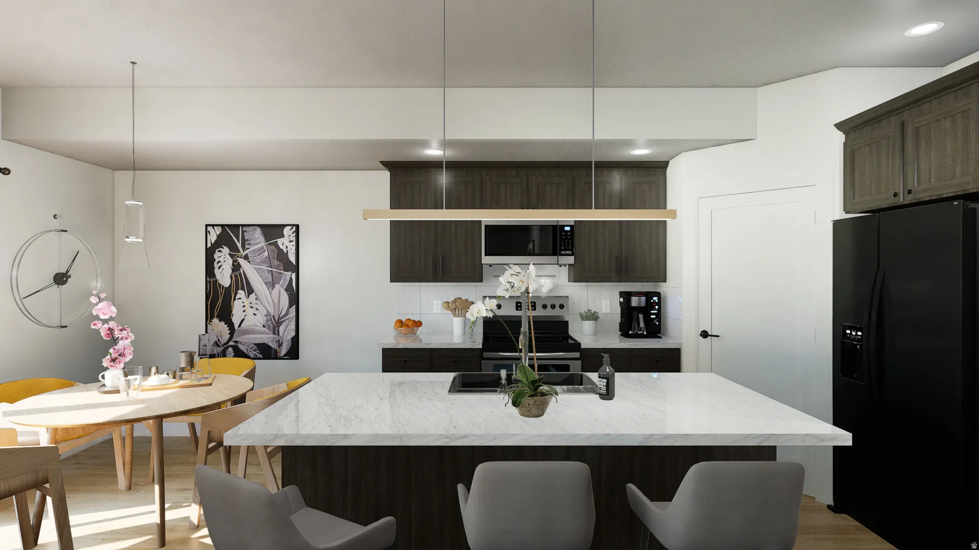 Kitchen featuring "smoke" cabinets, appliances with stainless steel finishes, wood-style floors, an island with sink, and quartz countertops