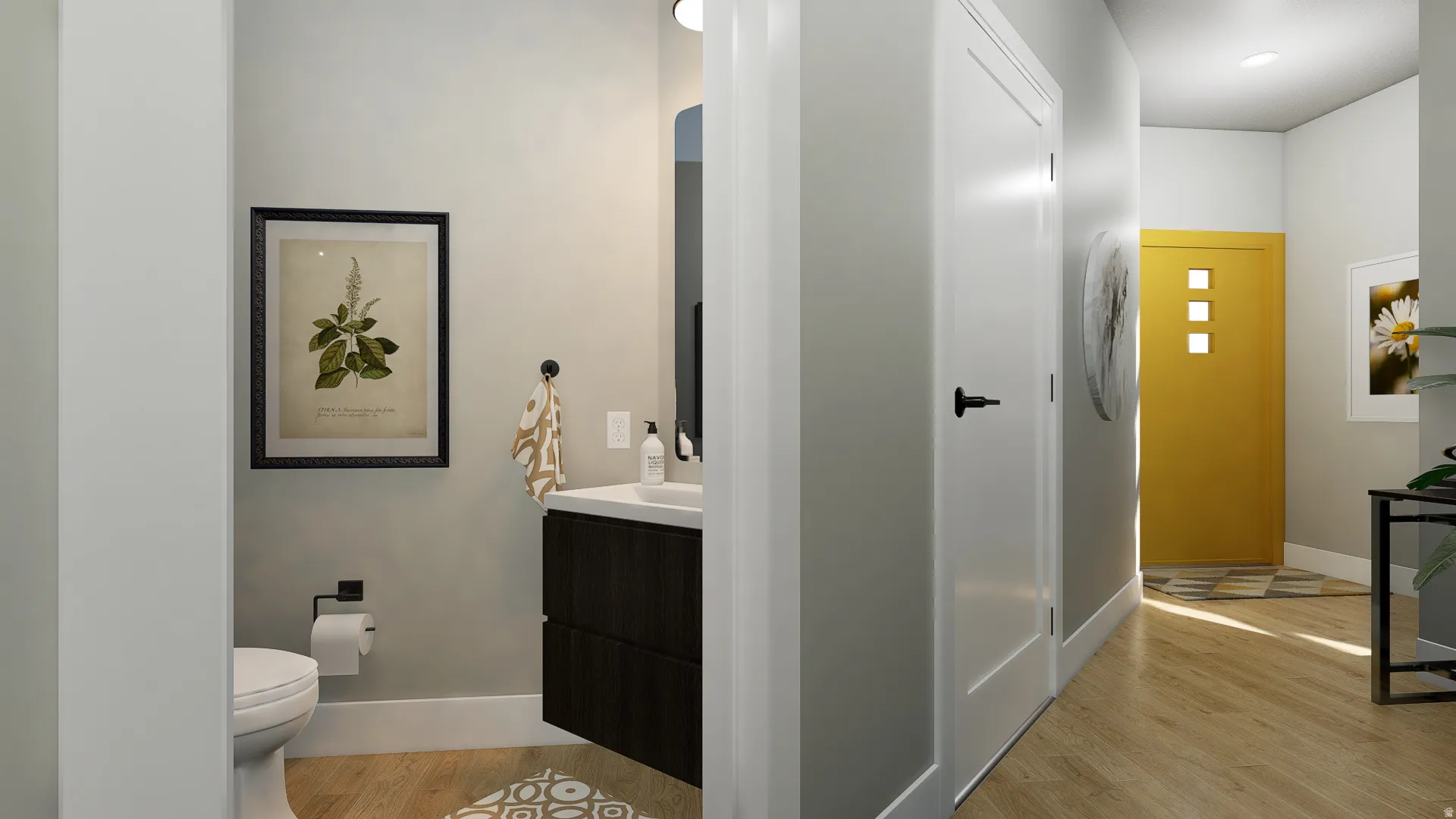 Half bath featuring vanity and wood finished floors