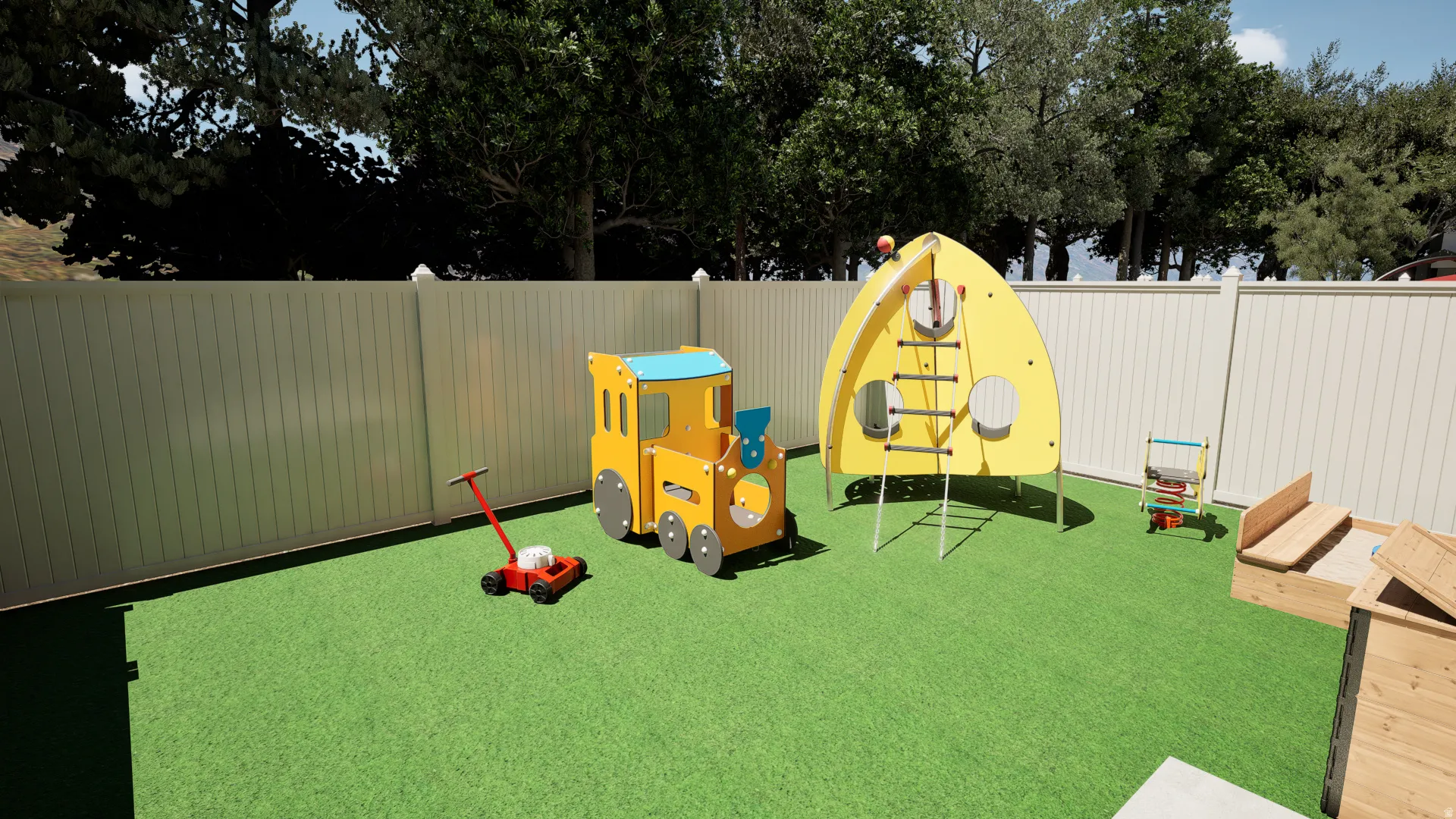 Expansive fenced yard featuring artificial turf and a built-in sandbox