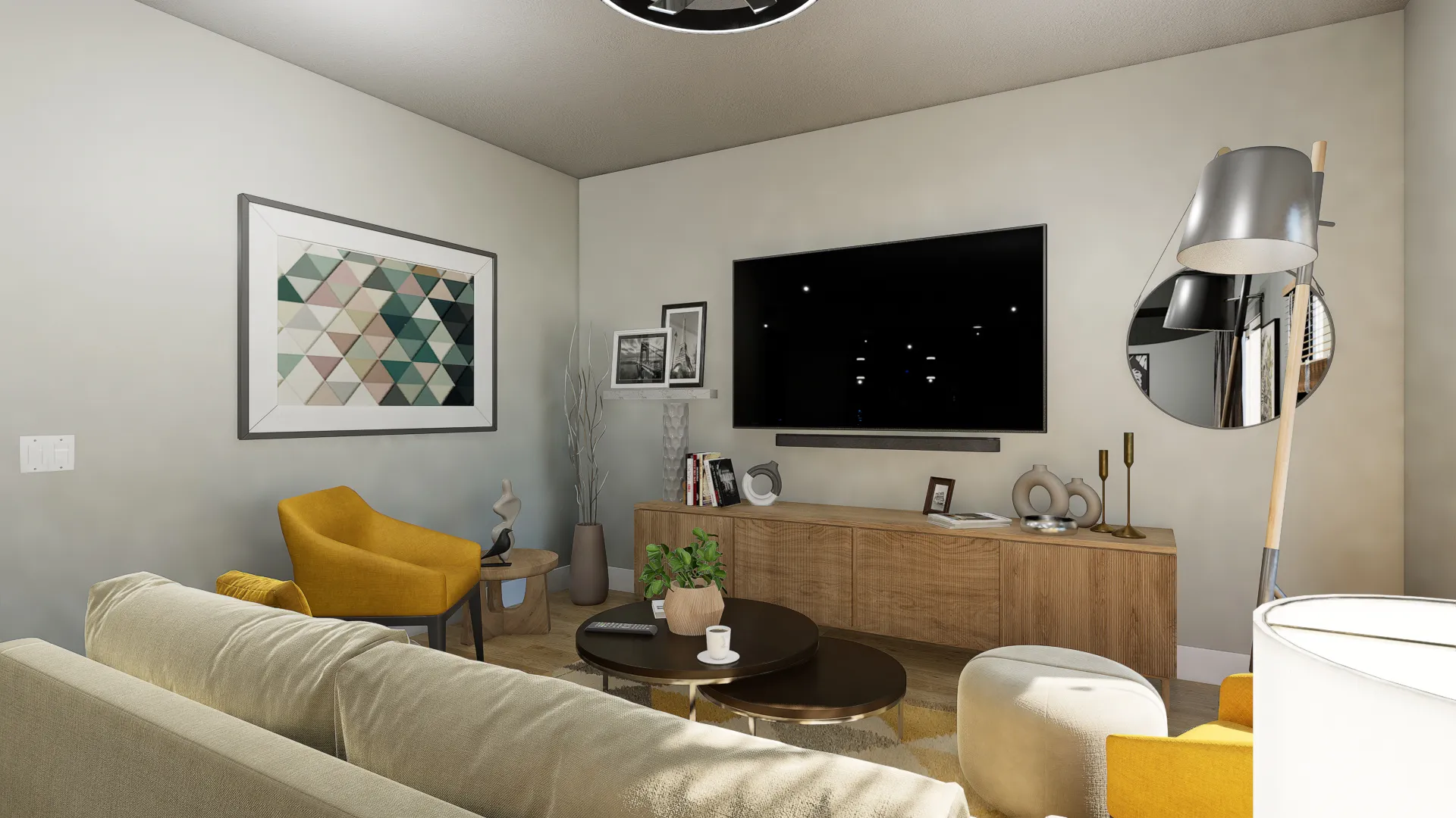 Living area open to kitchen and dining