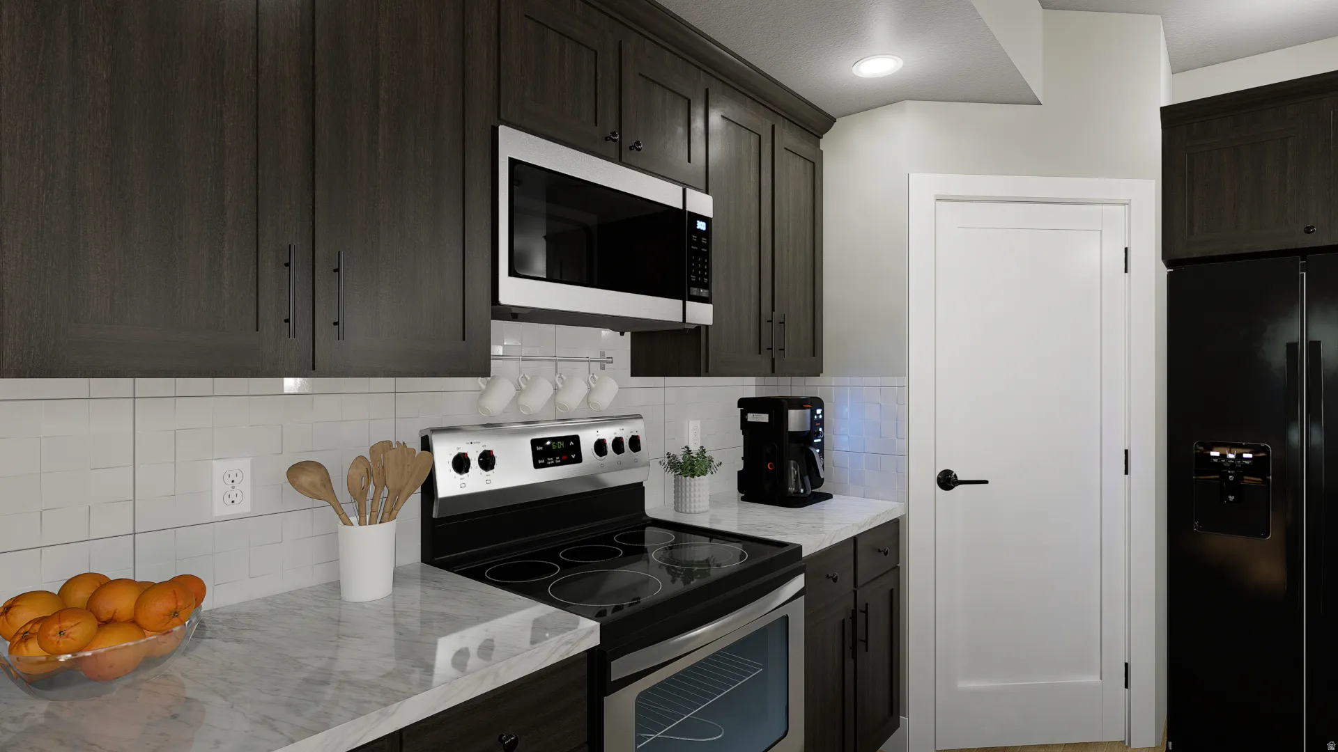 Kitchen featuring stainless steel range with electric stovetop, microwave, quartz countertops, fridge, and "smoke" cabinetry