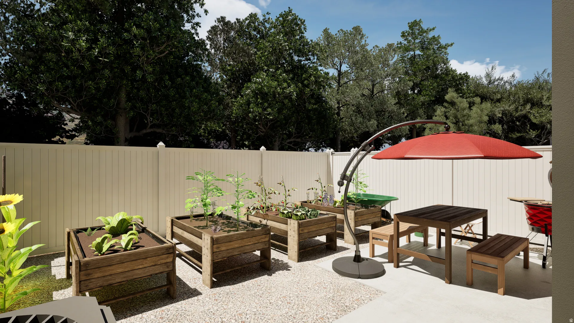 Private patio space featuring a smooth concrete pad and pea gravel area