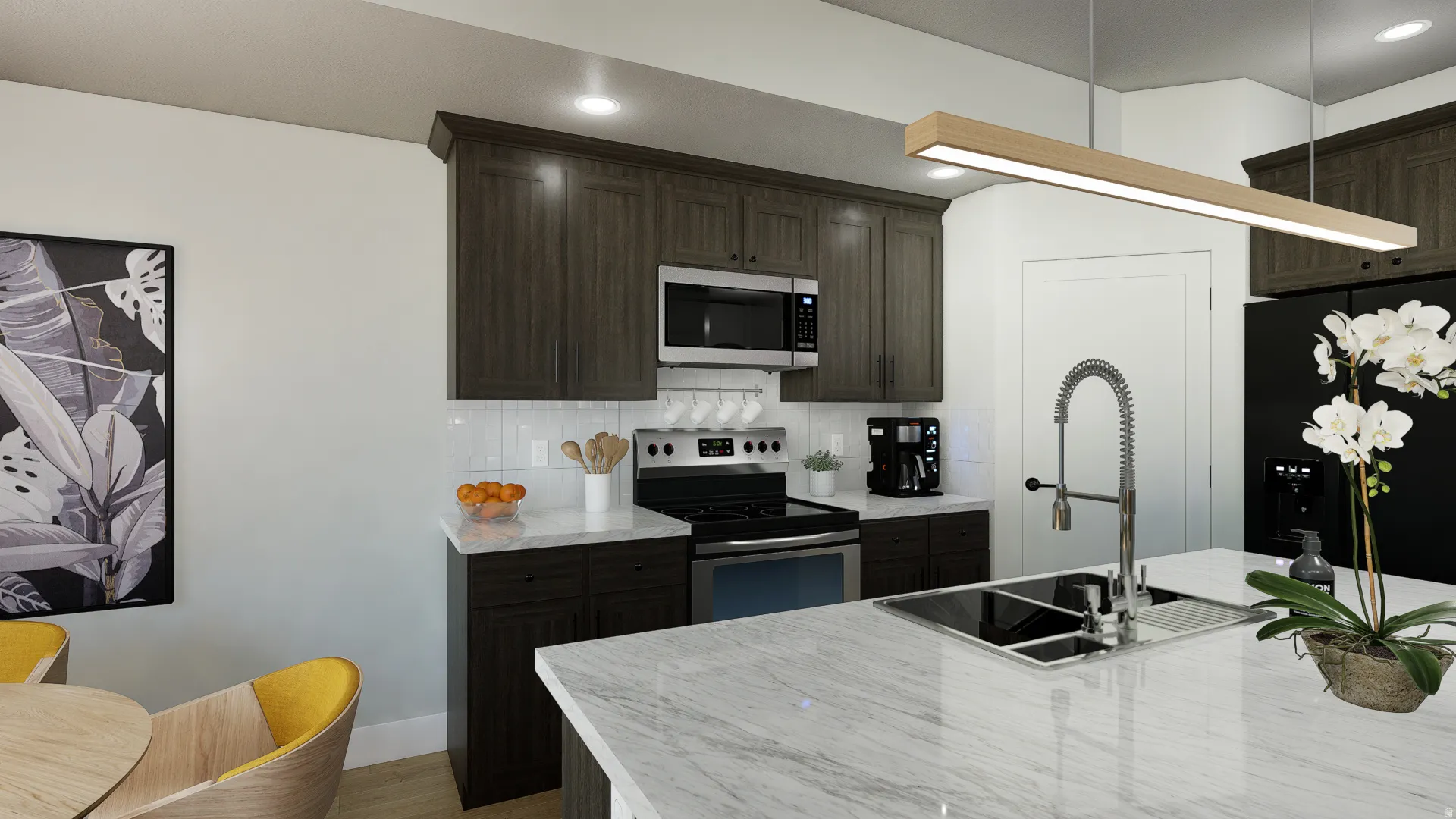 Kitchen with "smoke", stainless steel appliances, quartz countertops, wood-style floors, and tasteful backsplash
