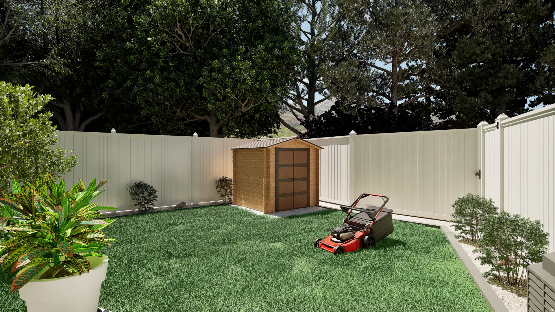Fenced backyard featuring a manicured lawn, a garden shed, and a raised planter bed