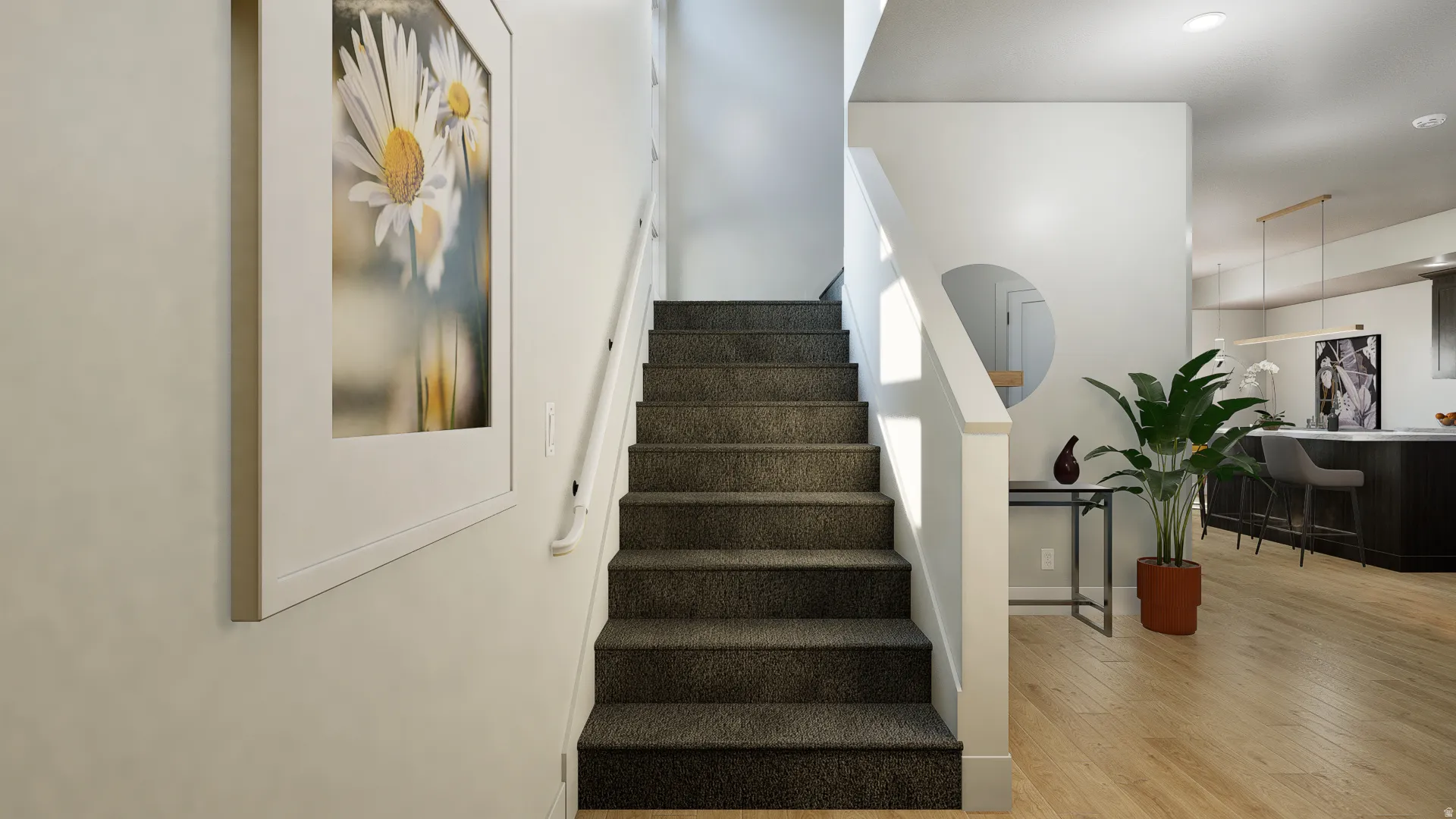 Carpeted stairs with wood-style floors
