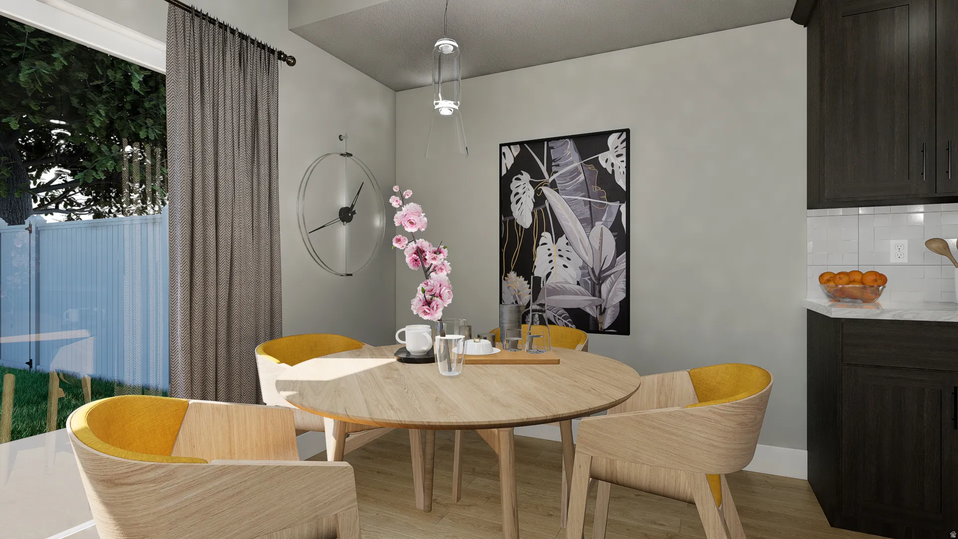 Dining room featuring wood-style floors and baseboards