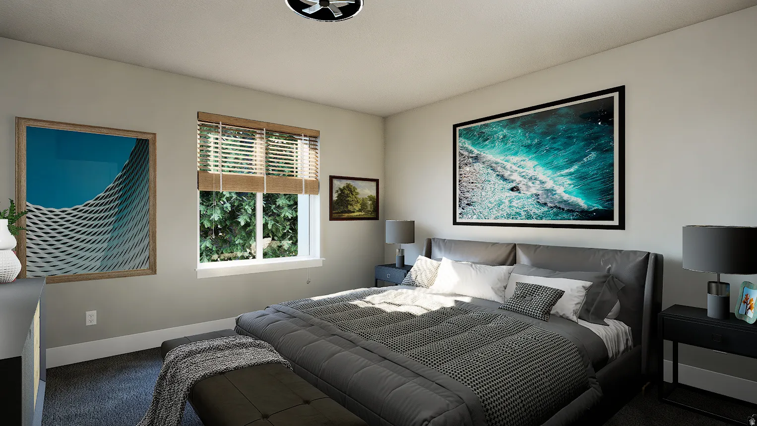 Carpeted bedroom with large closet