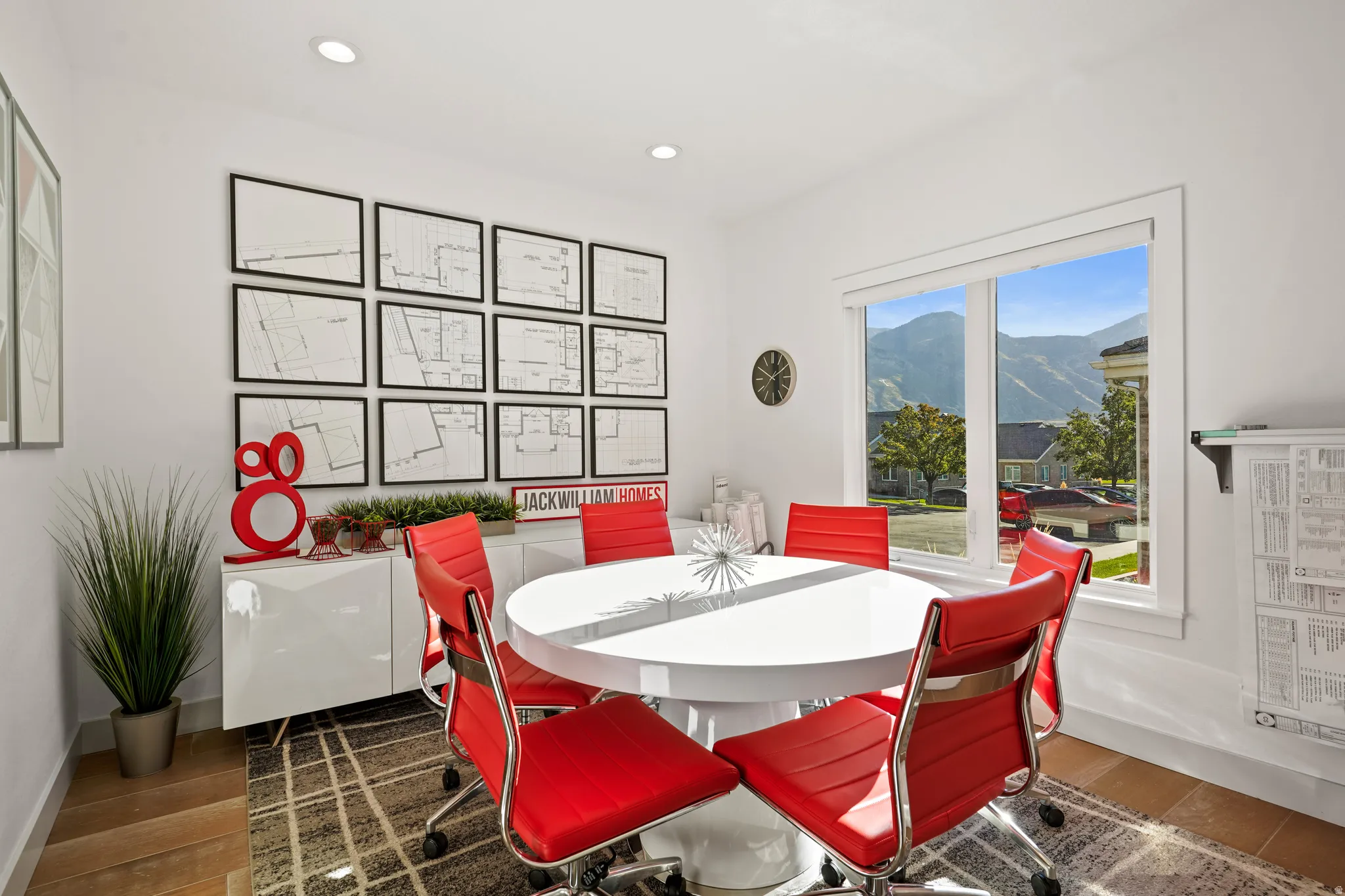 Dining room featuring dark wood finished floors, a mountain view, and recessed lighting