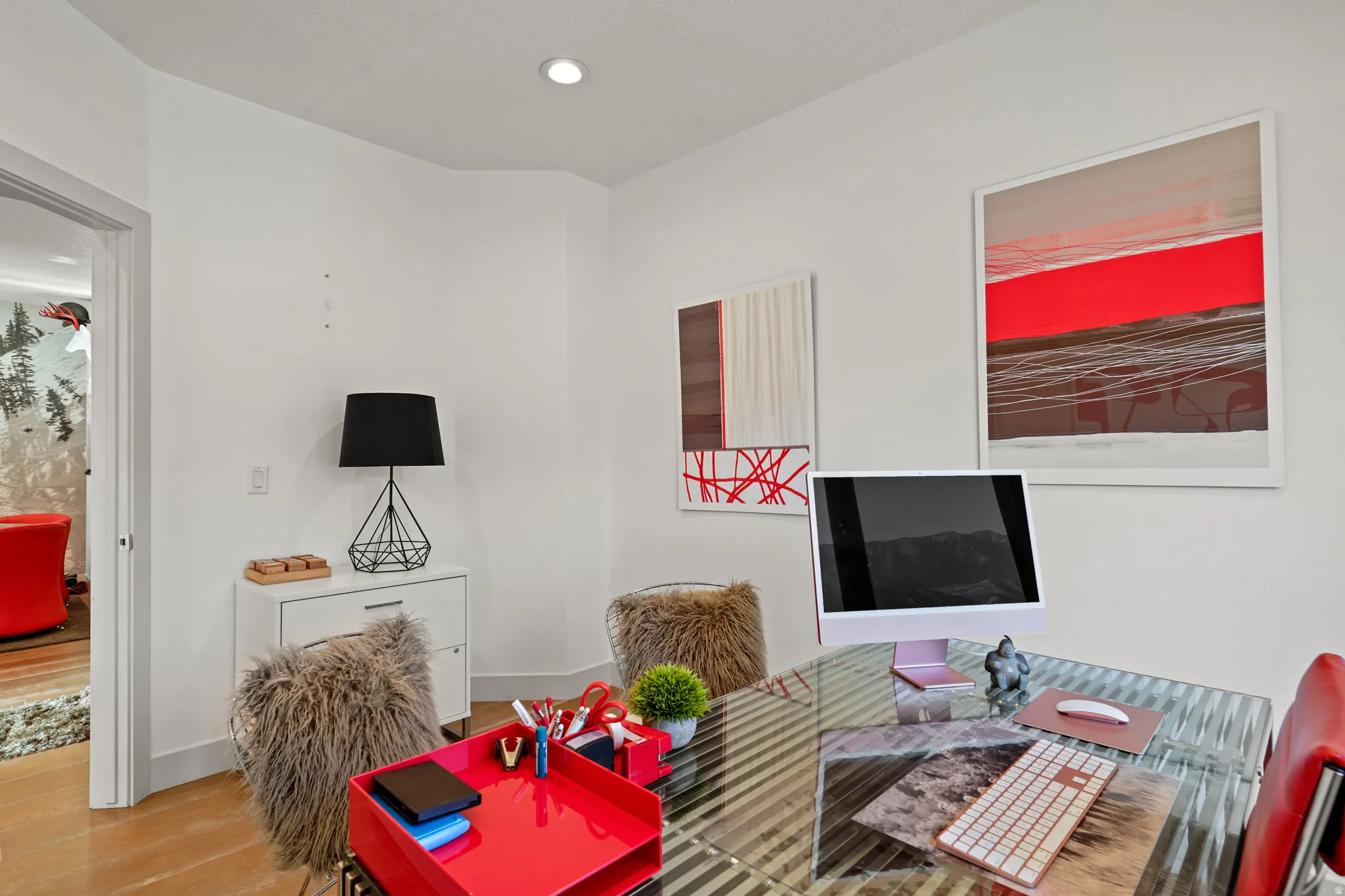 Office featuring wood finished floors and recessed lighting