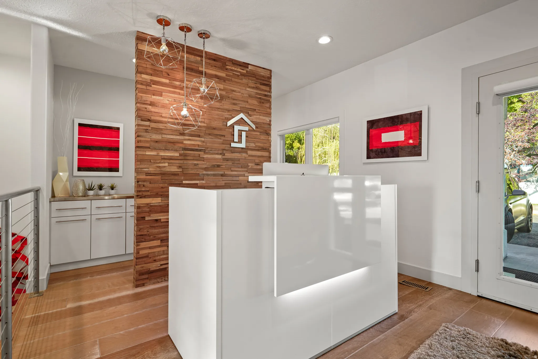 Reception with wooden walls