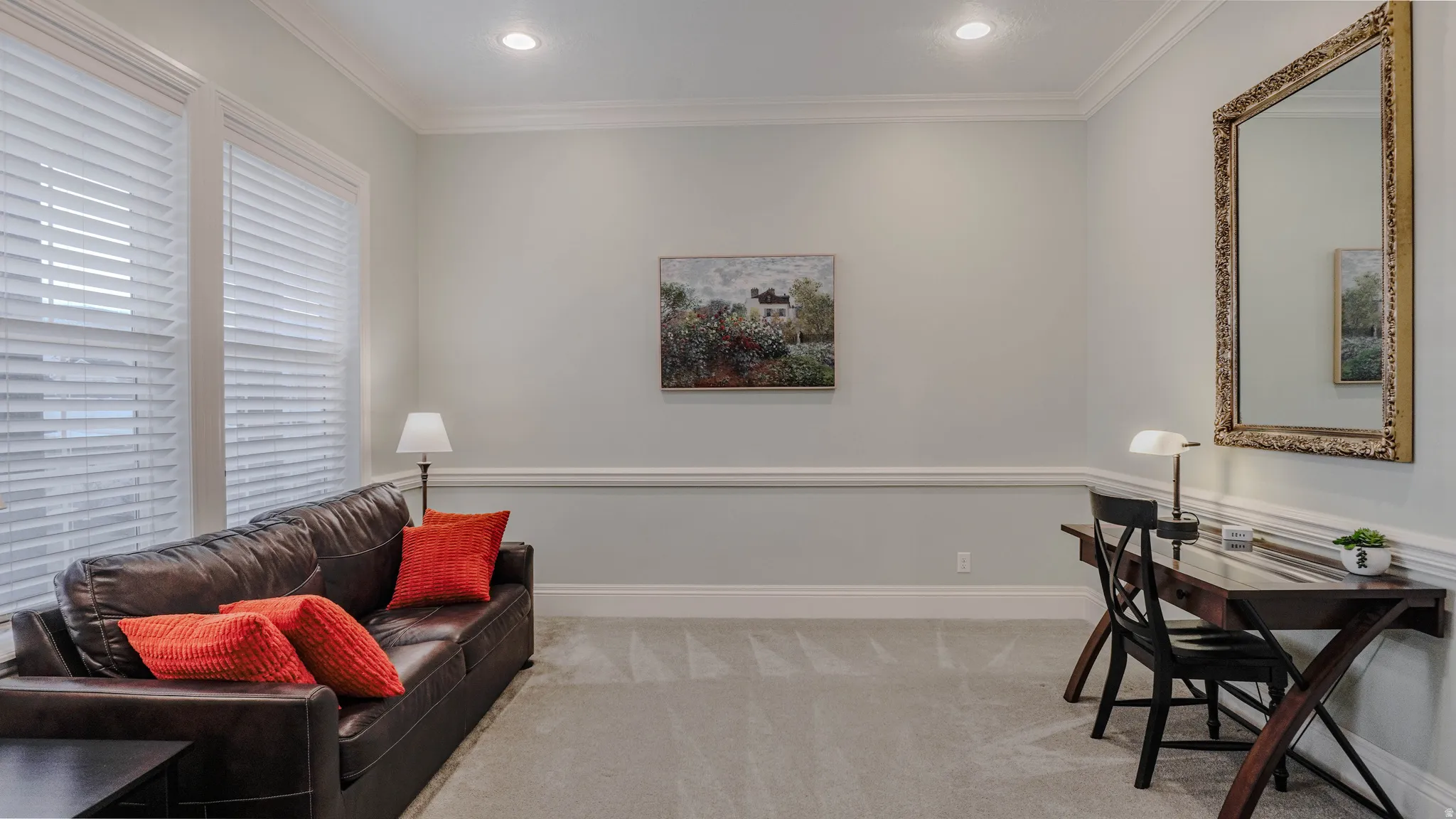 Formal Living room with crown molding, carpet floors, and recessed lighting
