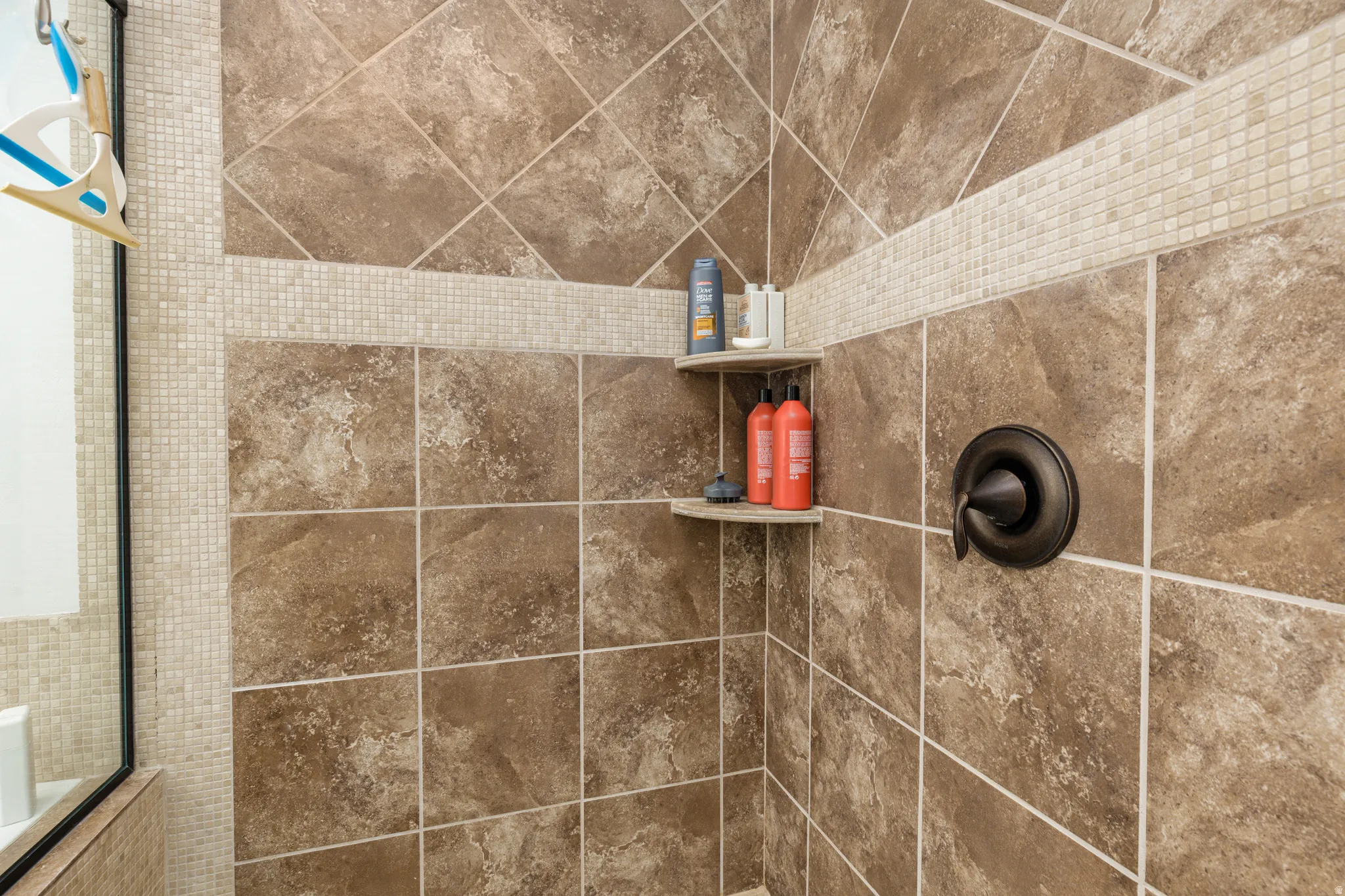 Bathroom view of a tile shower