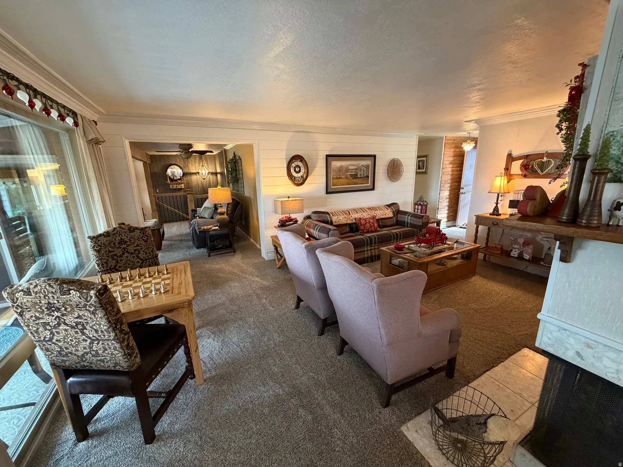 Living area featuring crown molding, carpet floors, ceiling fan, and a textured ceiling