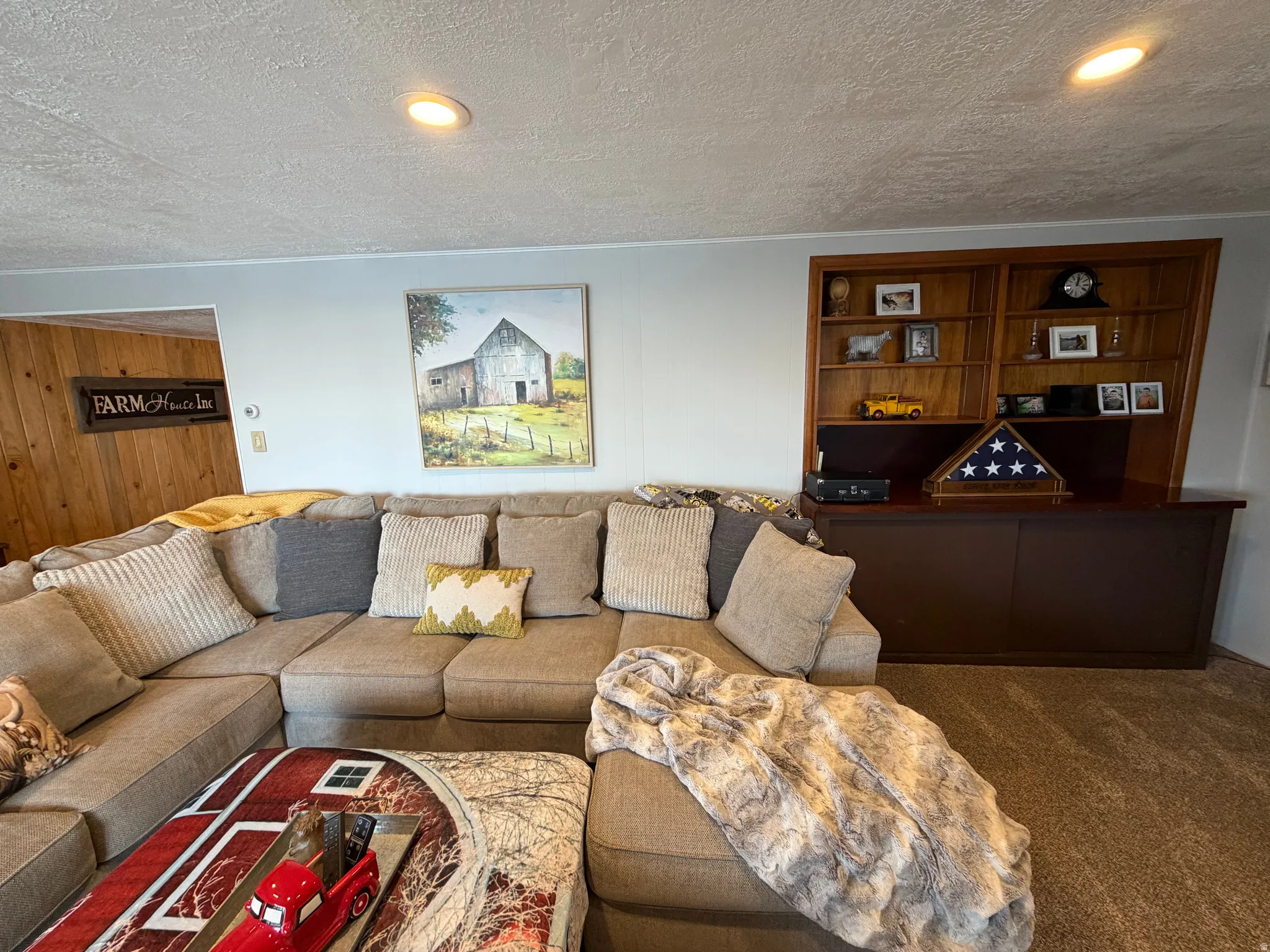 Living area featuring carpet flooring, a textured ceiling, and recessed lighting