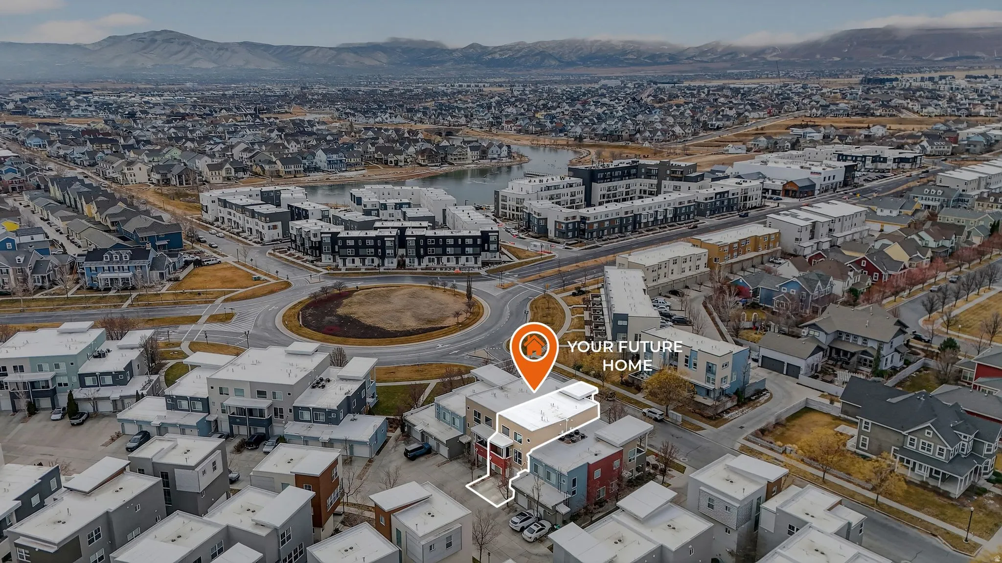 Aerial overview of property's location featuring mountains