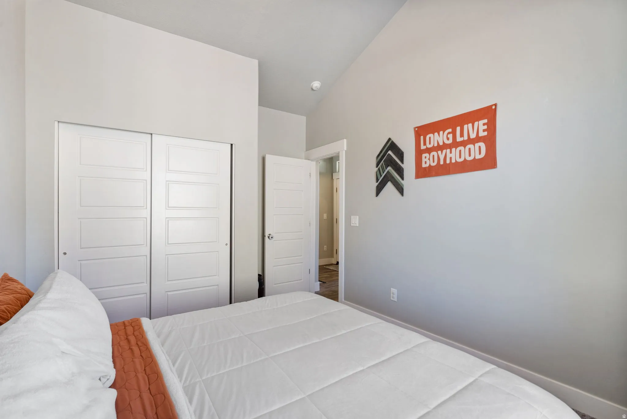 Bedroom with a closet and vaulted ceiling