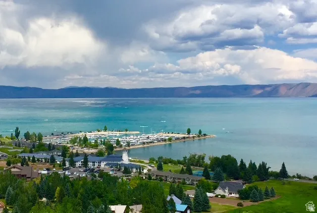 Deck view of Bear Lake and Marina, and  mountain view