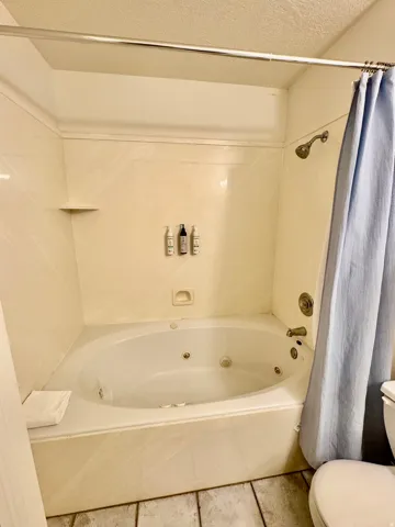 Jetted soaking tub with integrated shower, surrounded by light-toned wall panels