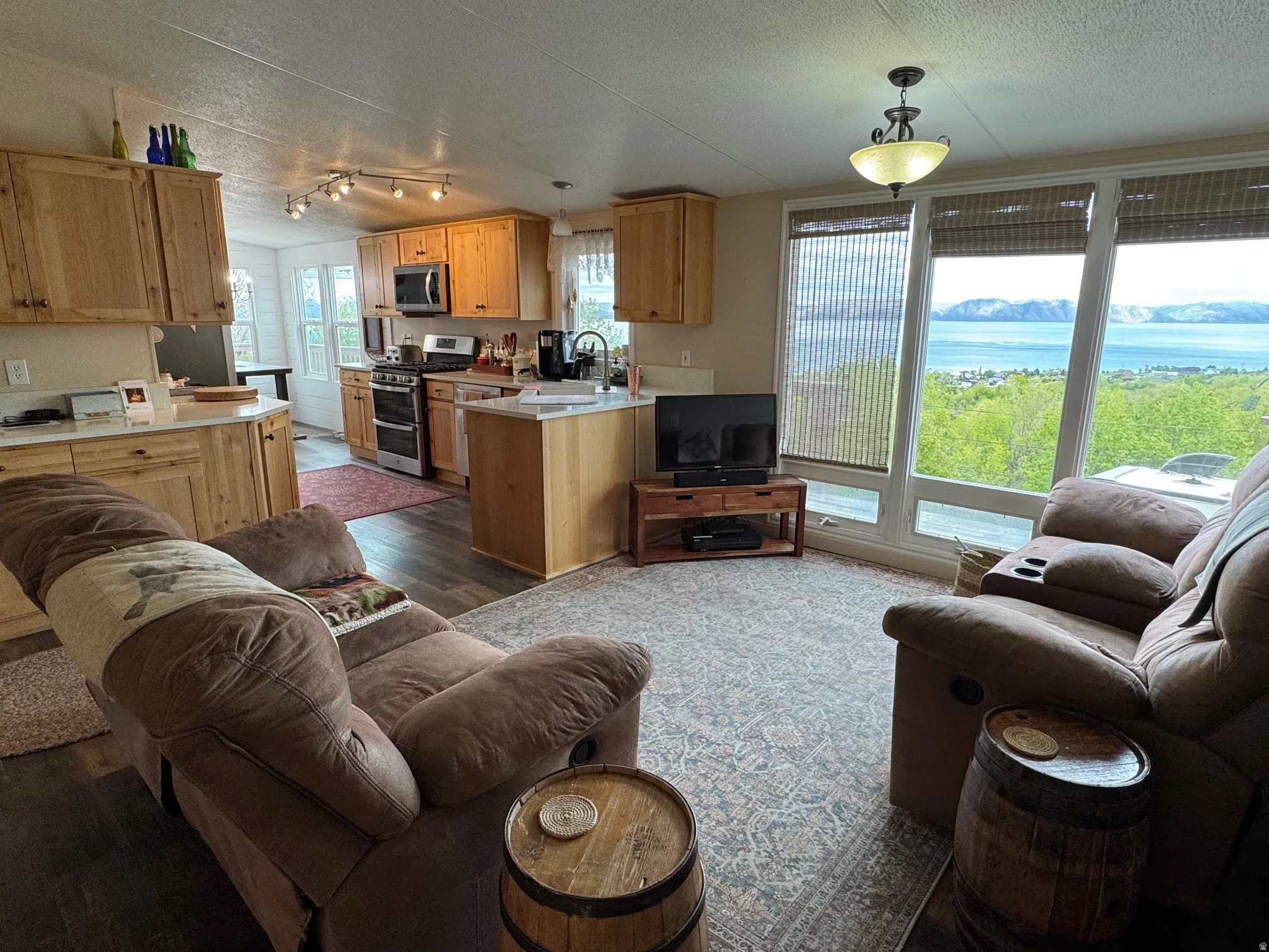 Living area with LVT flooring and shiplap walls
