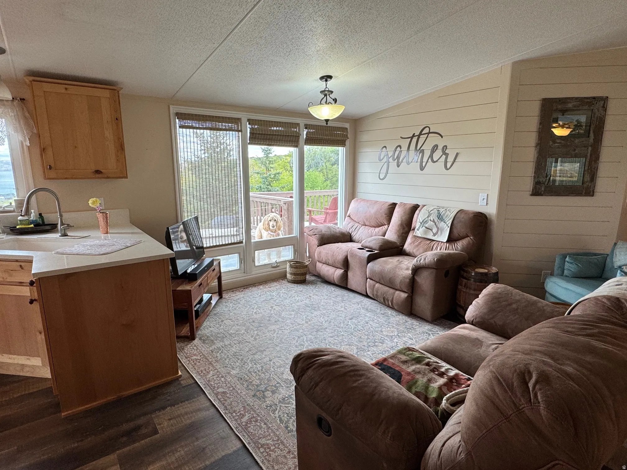 Living area with LVT flooring and shiplap walls