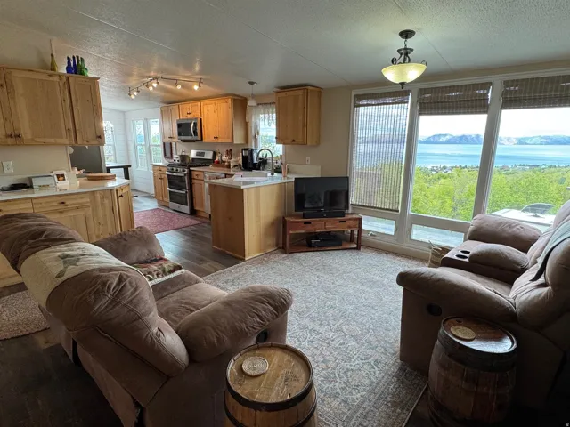 Living area with LVT flooring and shiplap walls