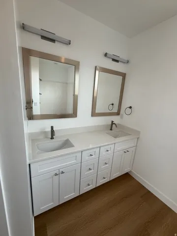 Full bathroom featuring double vanity and wood-style flooring