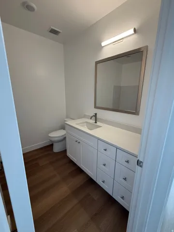 Bathroom featuring wood-type flooring and vanity