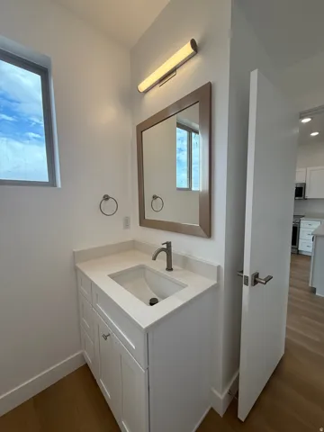 Bathroom with vanity and wood-type flooring