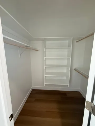Walk in closet with wood-type flooring