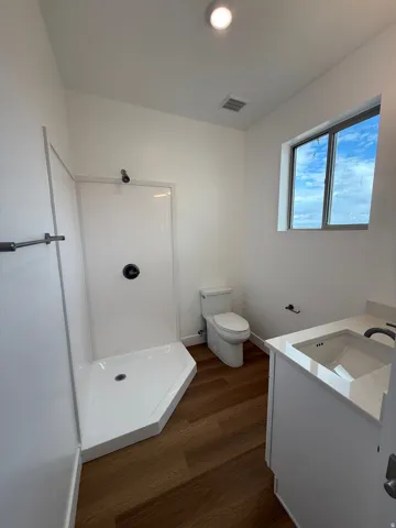 Bathroom featuring vanity, a stall shower, and wood-type flooring