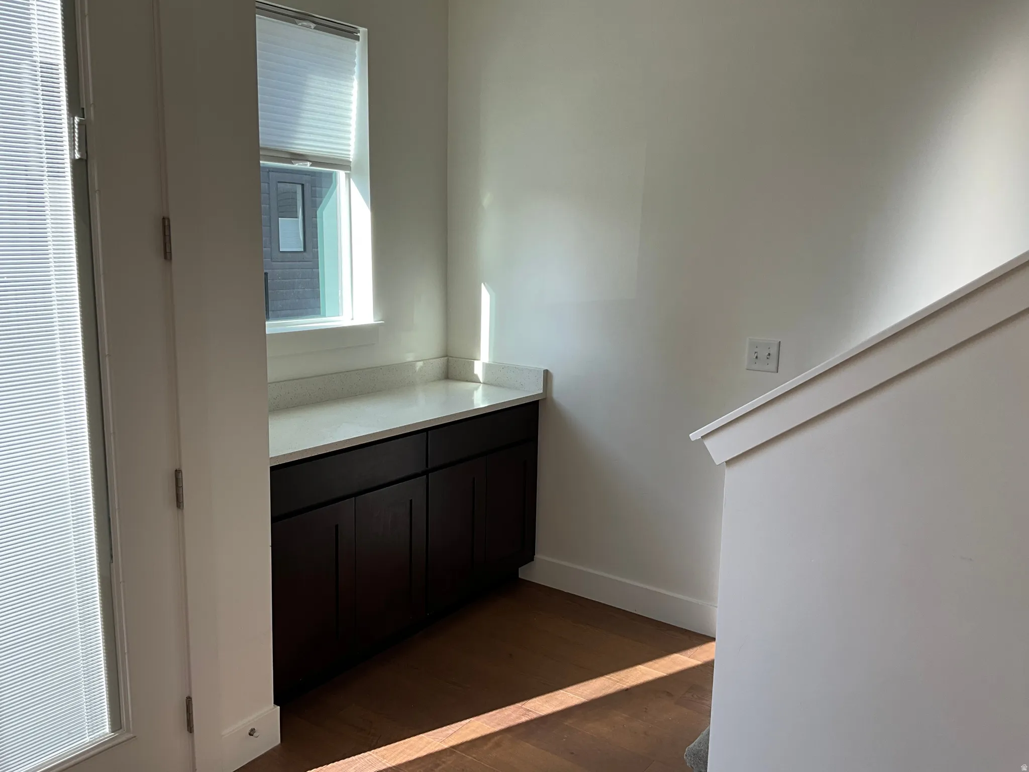 Bathroom with dark wood-style flooring and vanity