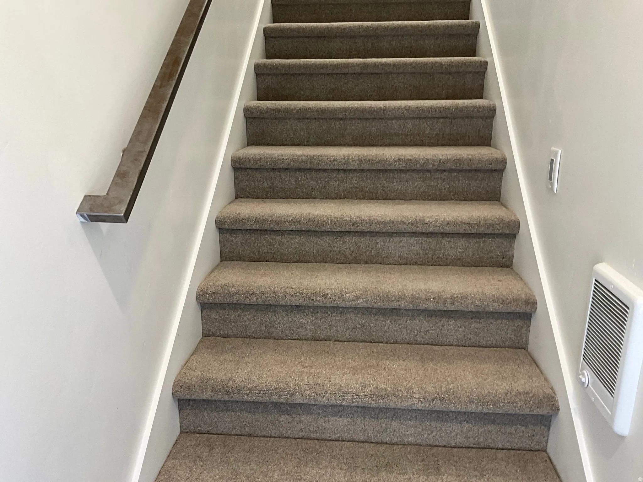 Staircase featuring carpet floors