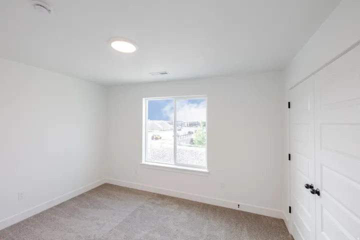 Bright room featuring a window, neutral carpet, white walls, and a white paneled closet door with black hardware