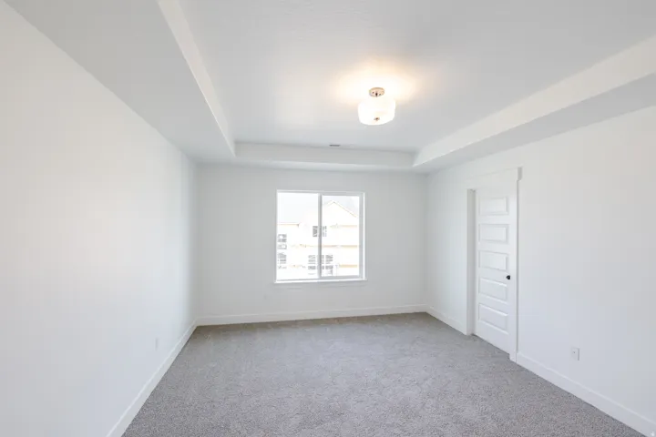 Spacious room featuring tray ceilings, neutral carpeting, a large window, a five-panel interior door, and a flush mount light fixture