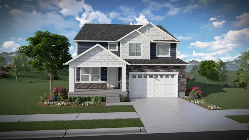 Craftsman inspired home featuring a front yard, a mountain view, an attached garage, stone siding, and driveway