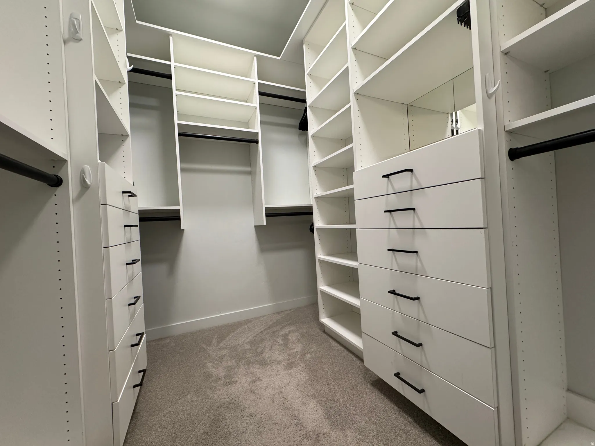 Walk in closet featuring light colored carpet, and closet build-ins