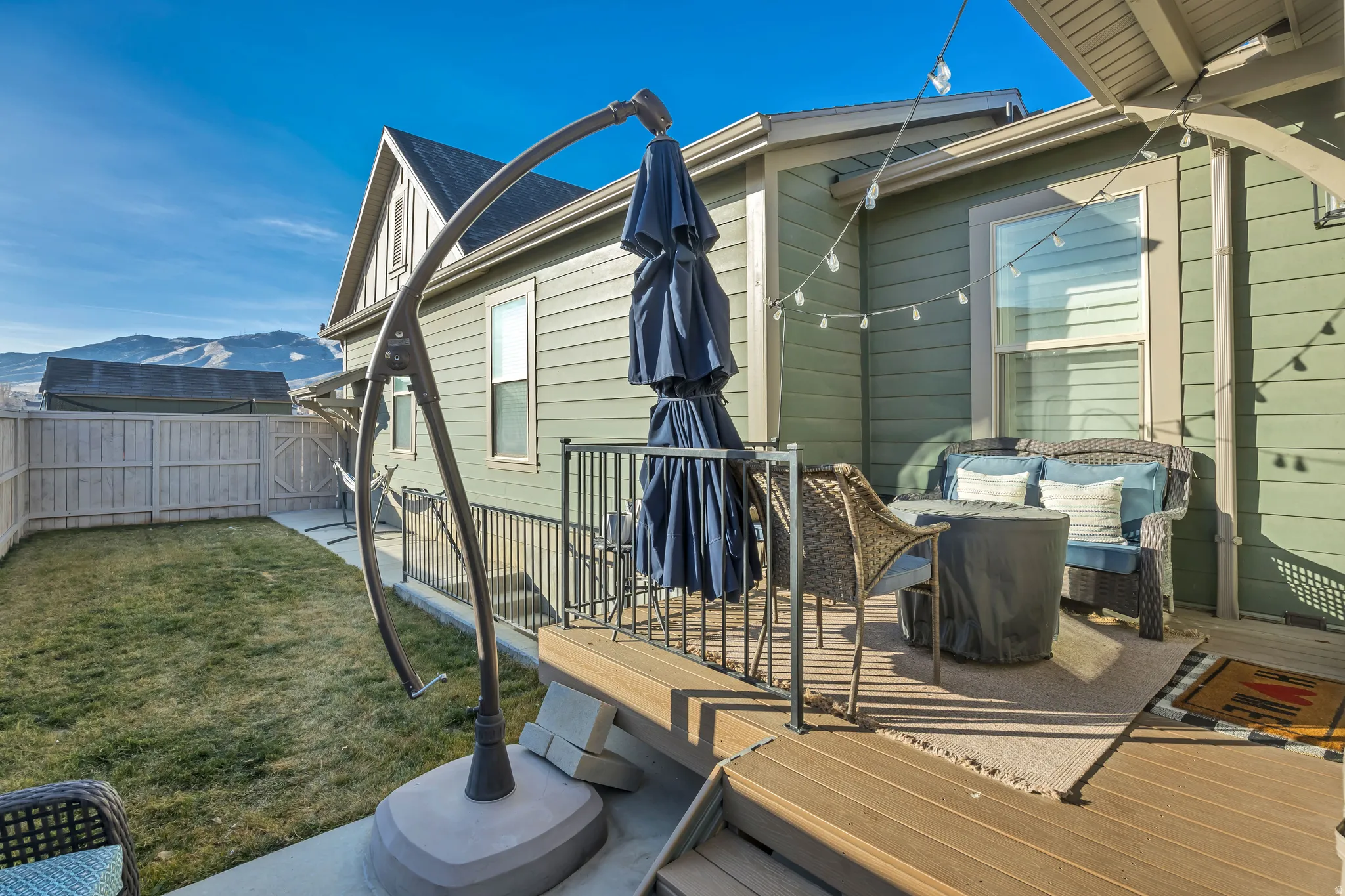 Deck in backyard.