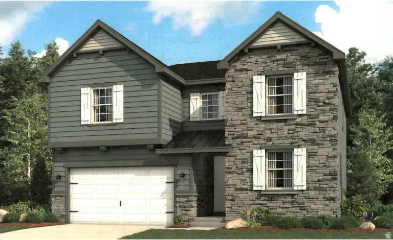 Craftsman-style house featuring stone siding, a garage, driveway, and a standing seam roof