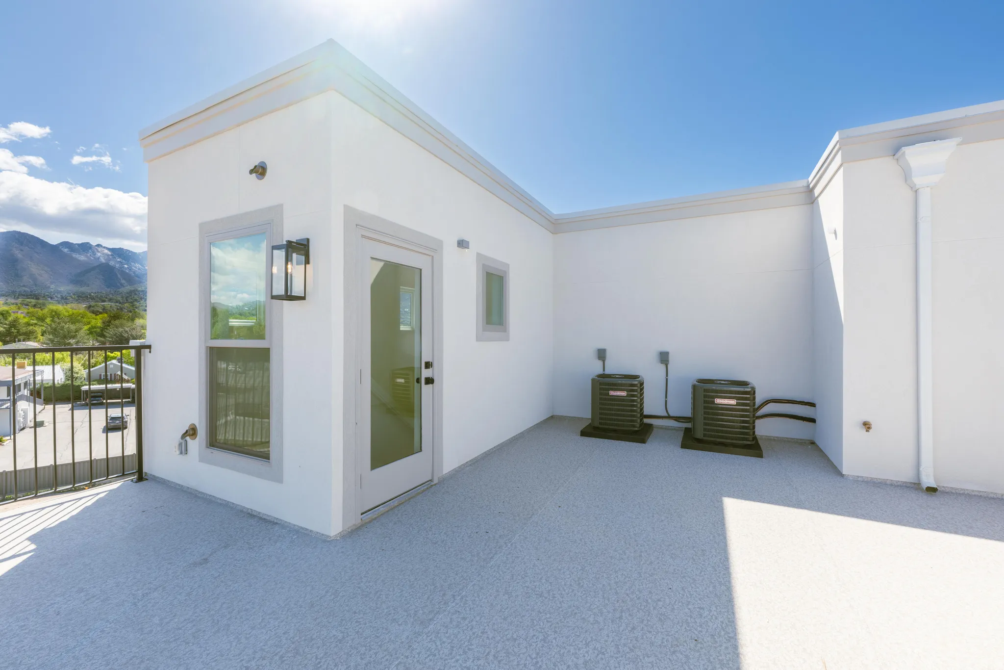 View of patio featuring a mountain view