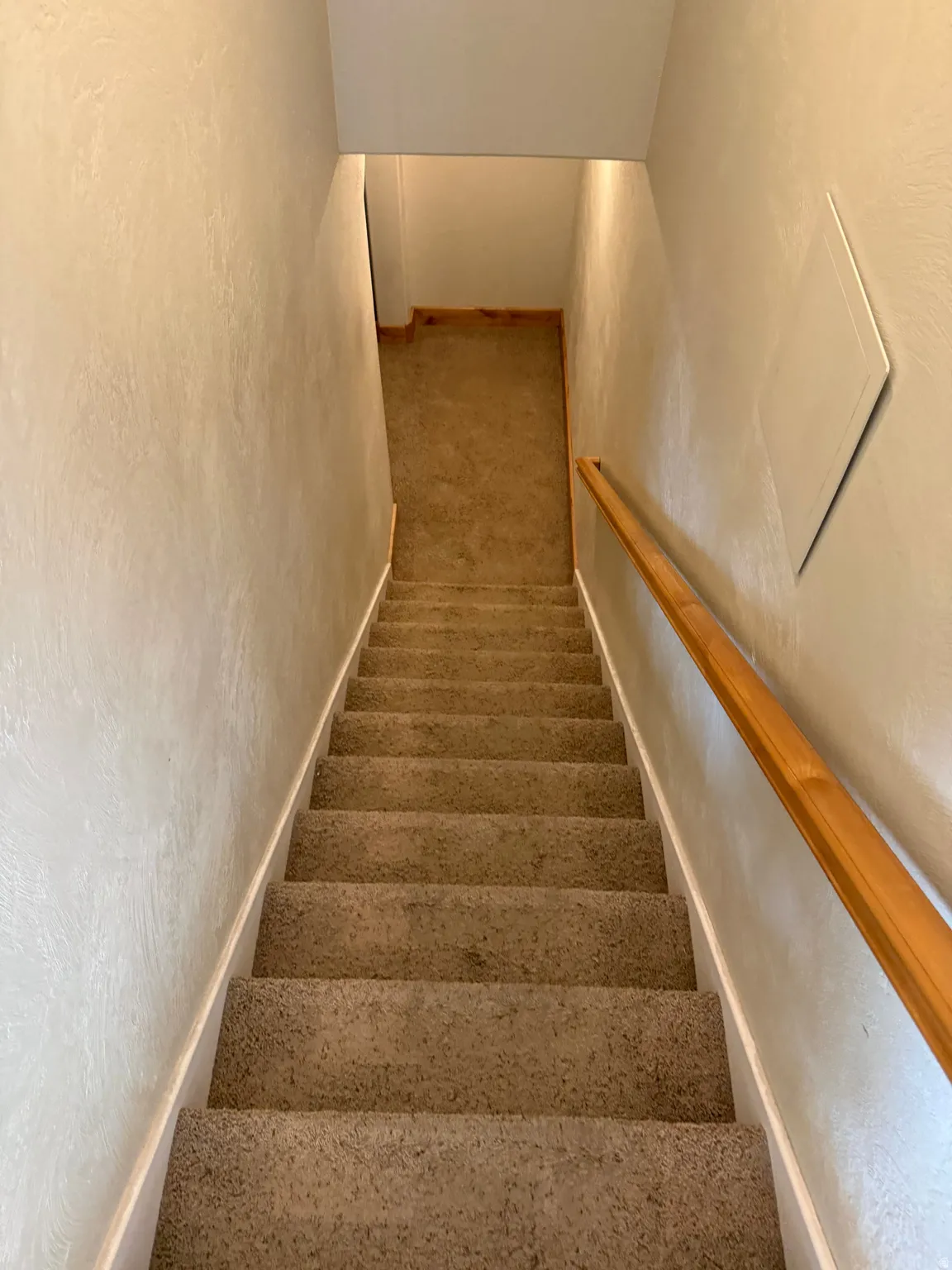 Staircase featuring a textured wall and carpet flooring