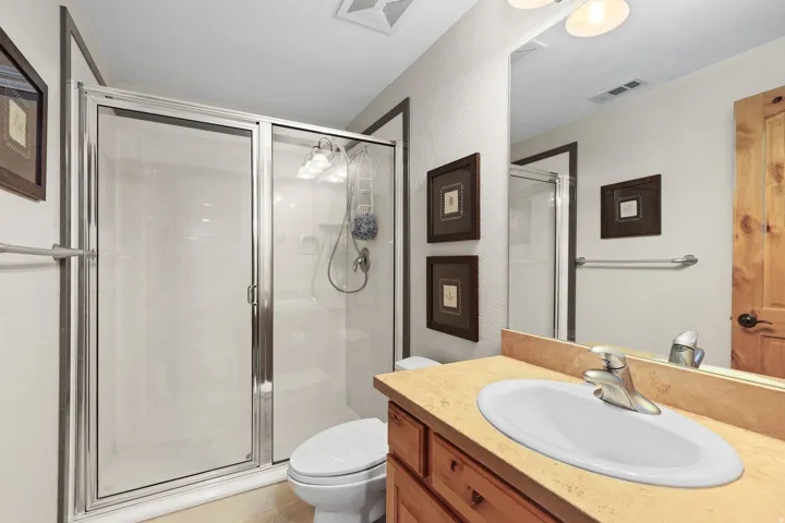 Bathroom featuring a walk-in shower with a glass enclosure, a vanity with a single basin sink, a light wood-finish cabinet, and a large wall-mounted mirror