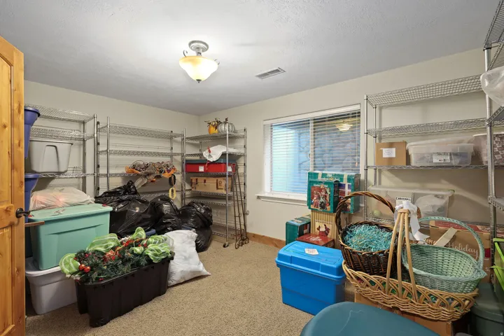 Basement storage room featuring extensive wire shelving, a wood-finish door, and a single window