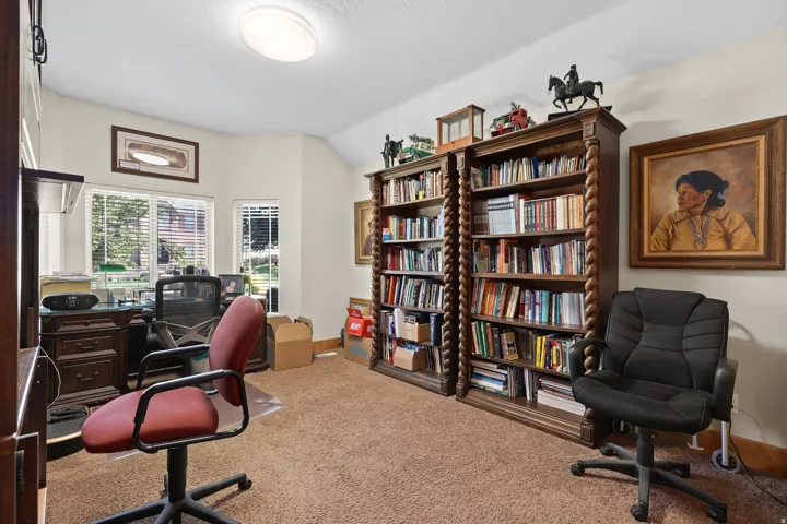 Spacious room featuring multiple windows with blinds, built-in shelving units, wall-to-wall carpeting, and a flush-mount ceiling light fixture