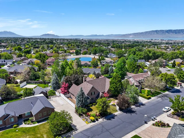 Aerial perspective of a suburban neighborhood featuring extensive tree coverage and a distant mountain range