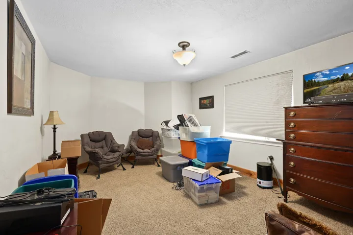 Carpeted room with a ceiling-mounted light fixture, a window featuring horizontal blinds, and warm white wall paint
