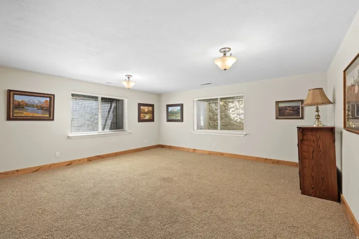 Spacious room featuring neutral carpeting, light beige walls, and wood trim