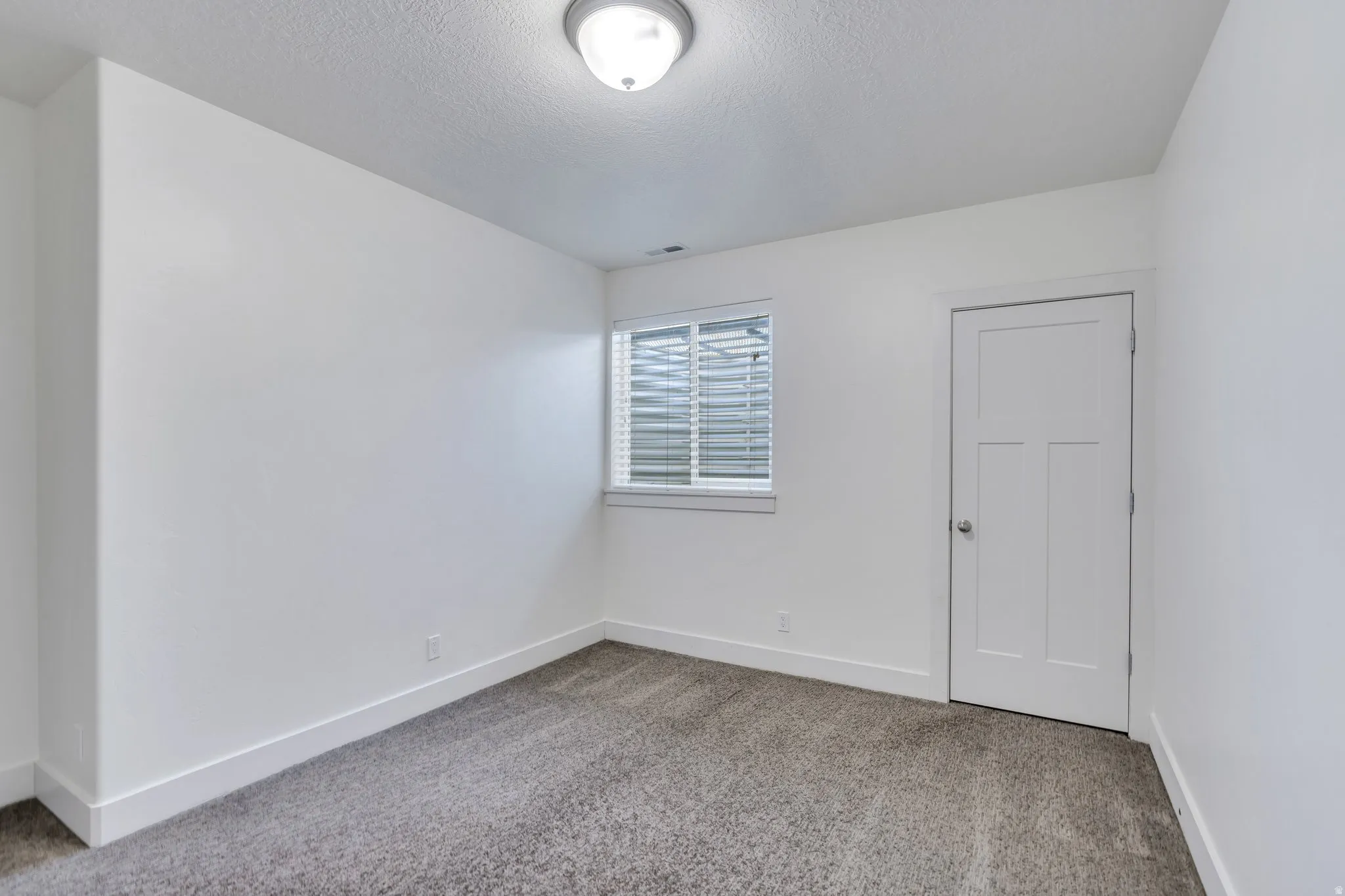 Unfurnished room featuring light carpet and a textured ceiling