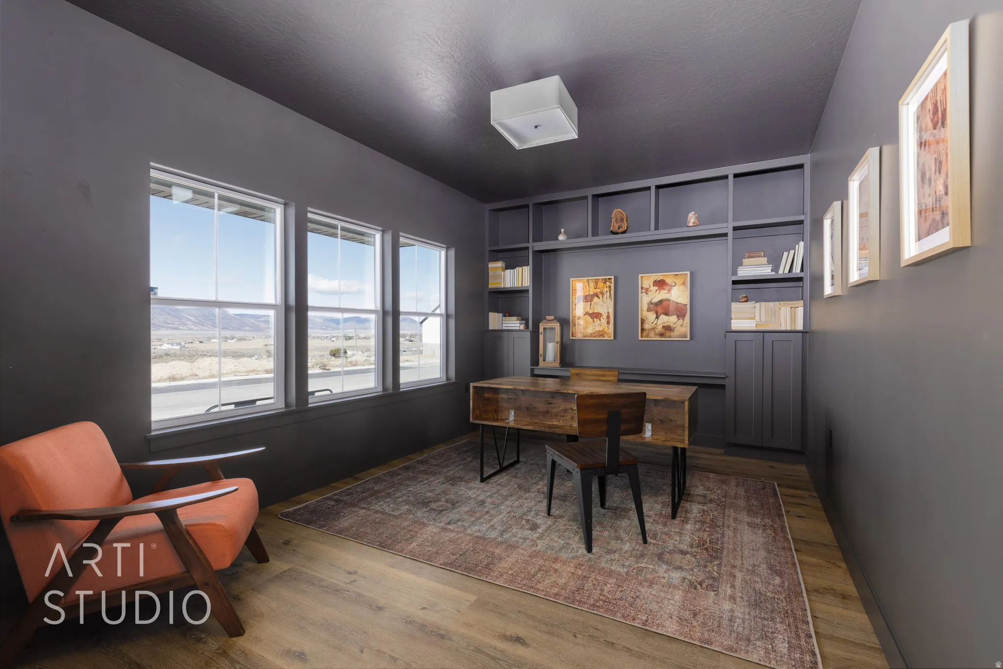 Dining room with a desk and light wood-type flooring